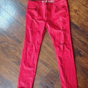 Men's Vlak Label Distressed Skinny Jeans Red w/Black Paint Splatter